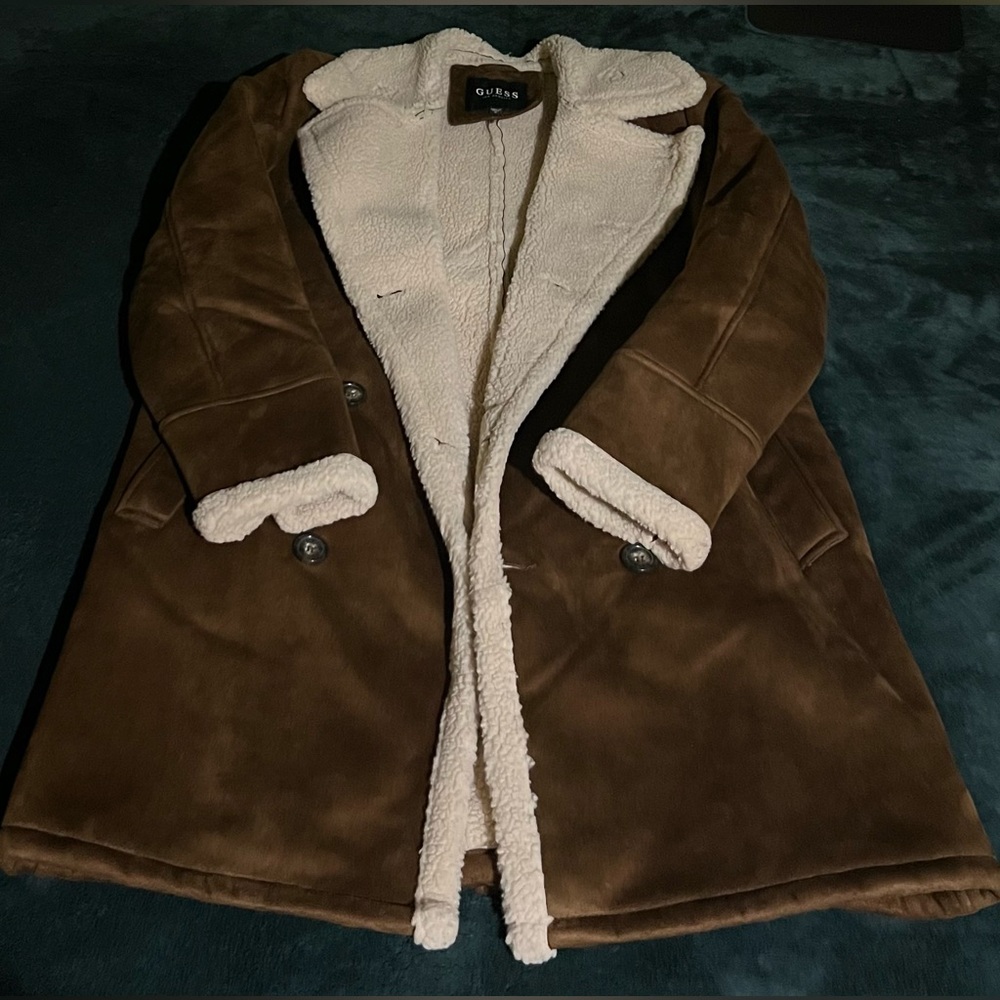 Guess Men's Brown Faux Shearling Coat Size Medium Great Condition